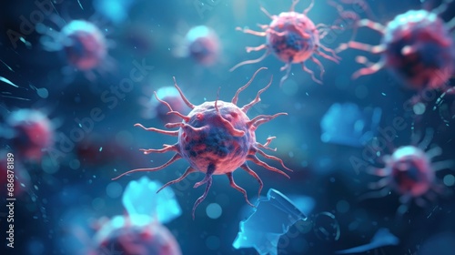Cancer cells that cause tumors in human body. Macro view. Oncology. Terrible disease of humanity. Science, medicine and immunology concept. Medical background. Viruses and bacteria under microscope. photo