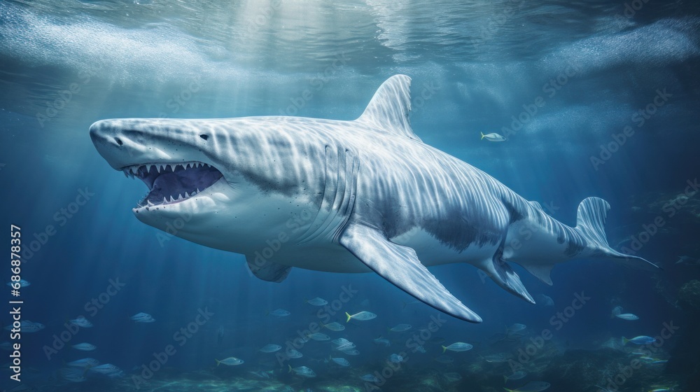 Naklejka premium Great White Shark in its Natural Habitat in Blue Ocean Depths. Oceanic Predator. Open mouth with many teeth. Beautiful majestic animal of the seas and oceans. Concept of beauty and wealth of nature.