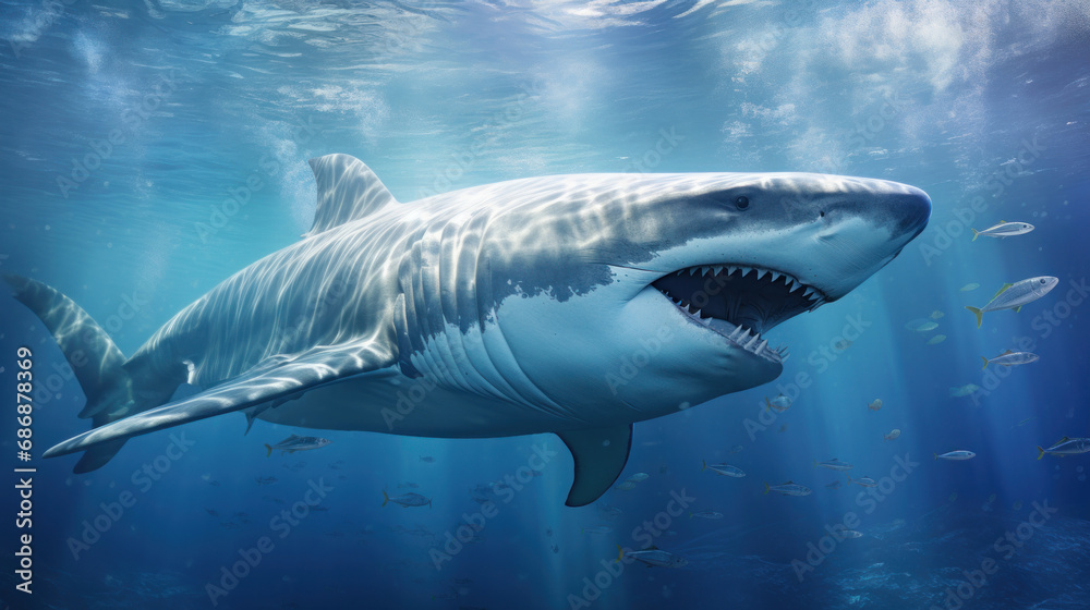 Fototapeta premium Great White Shark in its Natural Habitat in Blue Ocean Depths. Oceanic Predator. Open mouth with many teeth. Beautiful majestic animal of the seas. Concept of beauty and wealth of nature.