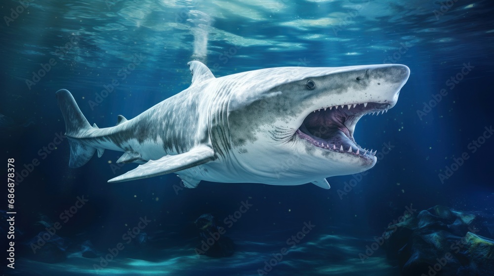 Naklejka premium Great White Shark in its Natural Habitat in Blue Ocean Depths. Oceanic Predator. Open mouth with many teeth. Beautiful majestic animal. Concept of beauty and wealth of nature.