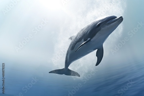 Dolphin swims in the depths of the ocean. Animal in its natural habitat. The beauty of nature. Concept of freedom and beauty of wild animals. Ideal for background  postcard  banner  poster.