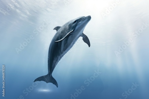 Dolphin swims in depths of the ocean. Animal in its natural habitat. The beauty of nature. Concept of freedom and beauty of wild animals. Ideal for background  postcard  banner  poster.