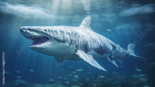 Great White Shark in its Natural Habitat in Blue Ocean Depths. Oceanic Predator. Open mouth with many teeth. Beautiful majestic animal of the seas and oceans. Concept of beauty and wealth of nature. © Jafree