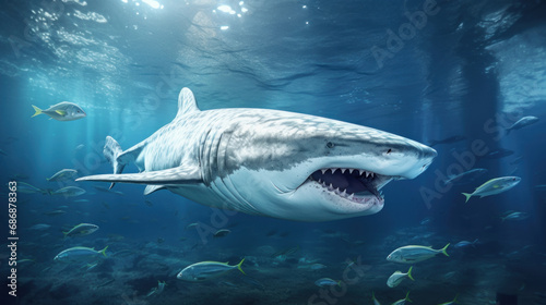 Great White Shark in its Natural Habitat in Blue Ocean Depths. Oceanic Predator. Open mouth with many teeth. Beautiful majestic animal of seas and oceans. Concept of beauty and wealth of nature.