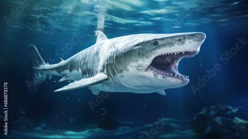 Great White Shark in its Natural Habitat in Blue Ocean Depths. Oceanic Predator. Open mouth with many teeth. Beautiful majestic animal. Concept of beauty and wealth of nature.
