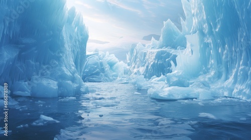 Arctic glaciers and ice icebergs in the ocean. Stunning polar landscape. Crystal clear water. Concept of melting glaciers, climate change, global warming, sea level rise. Beauty of nature. © Jafree