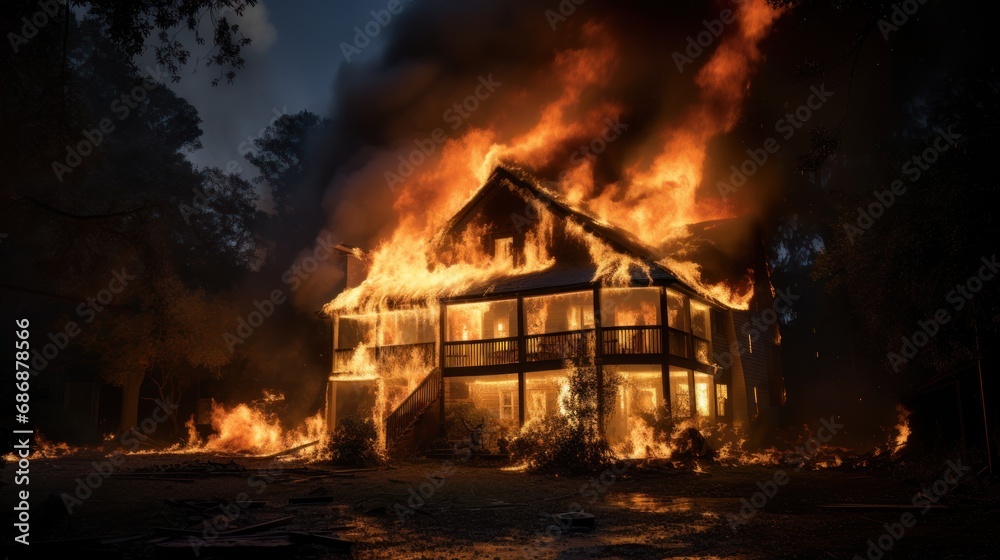 Fire in the house. The house is on fire, engulfed in flames. Burning building. Wildfire. Inferno Destroys Home. Catastrophe, accident. Residential Ruin.