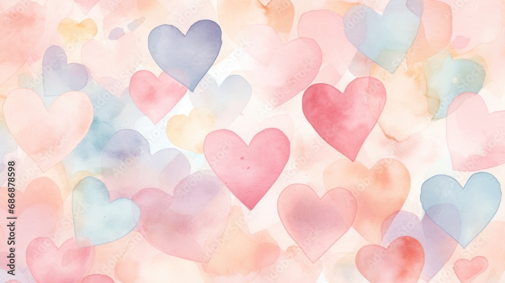 Hearts. Romantic background filled with colored pastel watercolor hearts, perfect for Valentine's Day. Hand drawn illustration. For card, banner, greeting, print, packaging design, wrapping paper.