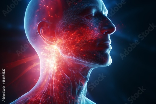 3D image of human head with luminous throat and nasopharynx network, muscle activity and flashes on black background. Swallowing process, neural connections. Physical health, throat diseases concept.