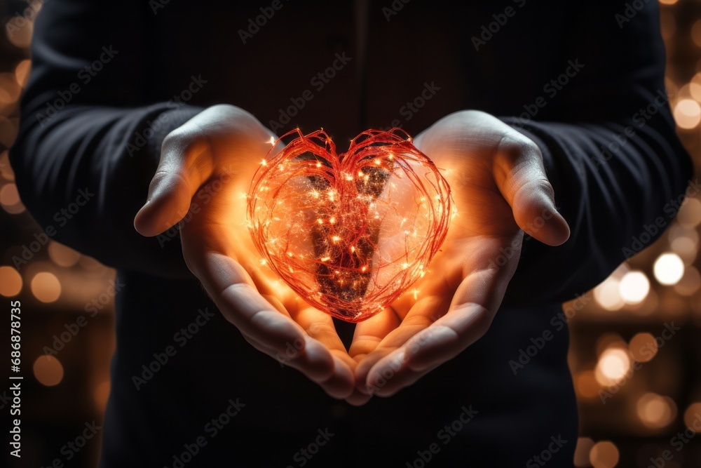 Close-up of human hands holding big glowing detailed 3D model of heart with blood vessels and veins. Healthy lifestyle, prevention of heart disease, cardiac monitoring. Take care of your health. Close-up of human hands holding big glowing detailed 3D model of heart with blood vessels and veins. Healthy lifestyle, prevention of heart disease, cardiac monitoring. Take care of your health.