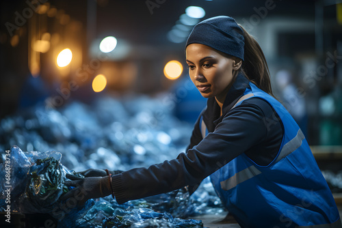 plastic recycling plant recycling efforts portrait workers sorting city plastic waste photo