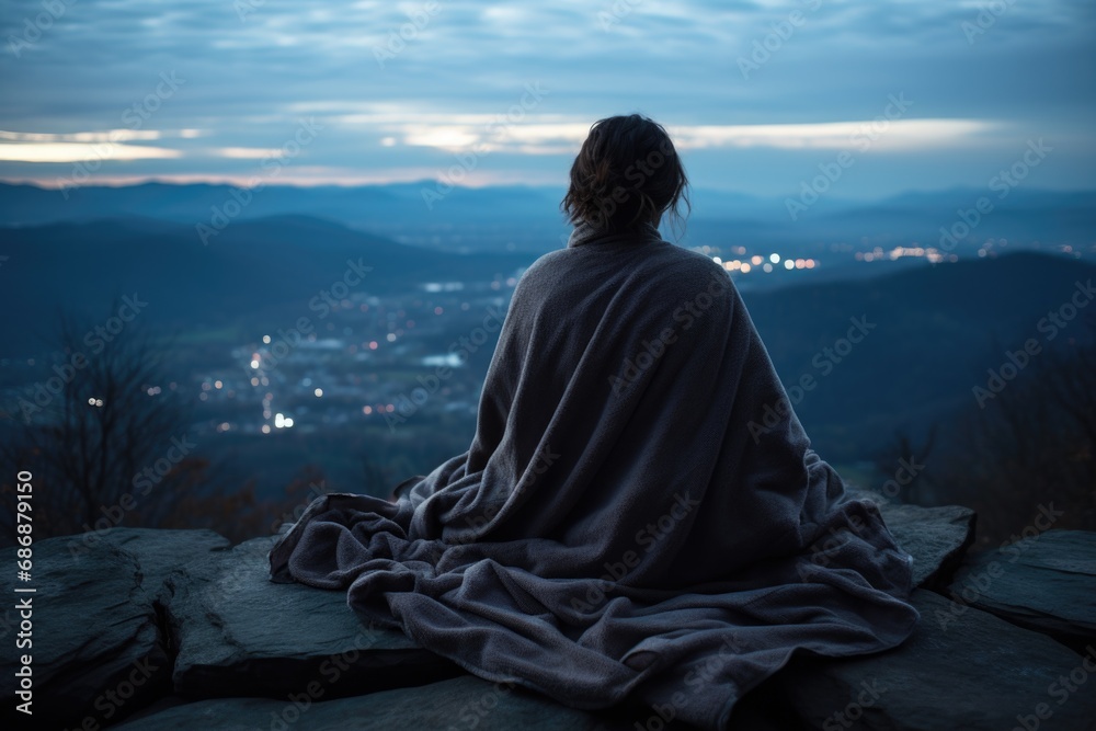 Serene mountain repose: girl finding tranquility in nature's embrace, panoramic relaxation amid breathtaking landscapes. Serene mountain repose: girl finding tranquility in nature's embrace, panoramic relaxation amid breathtaking landscapes.