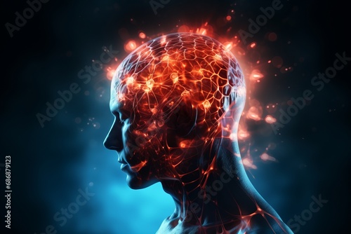 3D side image of human head with luminous brain network, electrical activity, flashes and lightning on black background. Thinking process, neural connections. Mental health, brain diseases concept.