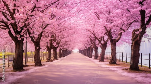 Sakura Cherry blossoming alley. Wonderful scenic park with rows of blooming cherry sakura trees in spring. Pink flowers of cherry tree © Boraryn