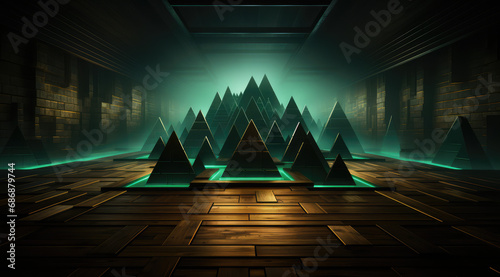 Green neon pyramids in a symmetrical pattern along a dark, wooden-floored corridor.