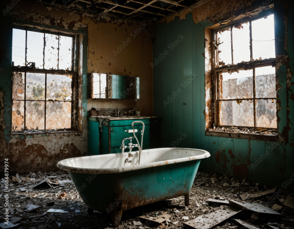 photo of abandon post-apocalyptic bathroom scene, generative AI