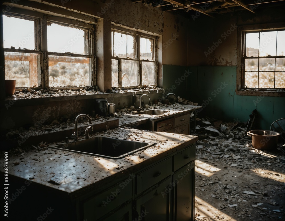 photo of abandon post-apocalyptic kitchen room scene, generative AI