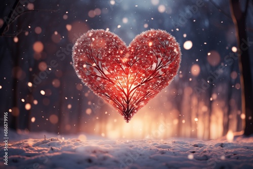 a surreal red heart flying above the snow in the night. Valentine concept. Generative AI photo