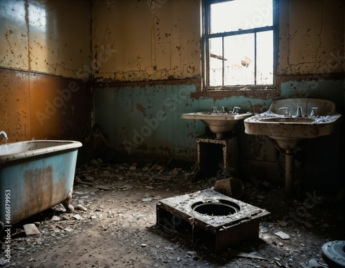 photo of abandon post-apocalyptic bathroom scene, generative AI