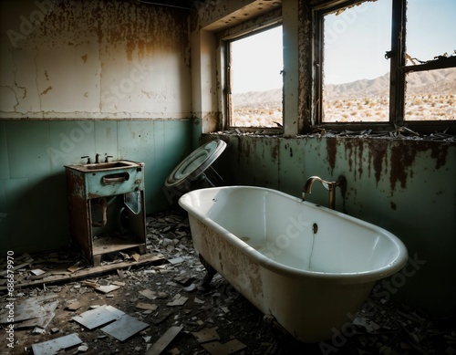 photo of abandon post-apocalyptic bathroom scene  generative AI