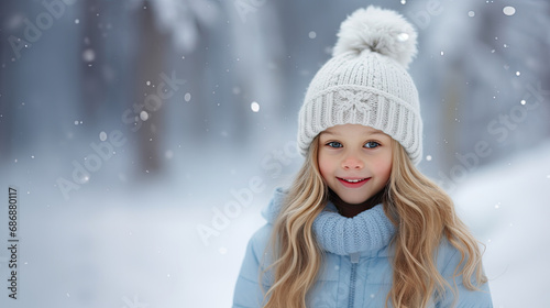 Horizontal illustration of a little girl enjoying  the snowfall on the background. For covers, banners, backgrounds and other winter projects.
