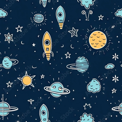 seamless pattern with rockets, space, stars. Print for fabric. Design for boys.