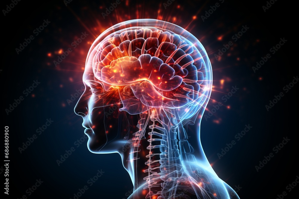 3D side image of human head with luminous brain network, electrical activity, flashes and lightning on black background. Thinking process, neural connections. Mental health, brain diseases concept. 3D side image of human head with luminous brain network, electrical activity, flashes and lightning on black background. Thinking process, neural connections. Mental health, brain diseases concept.