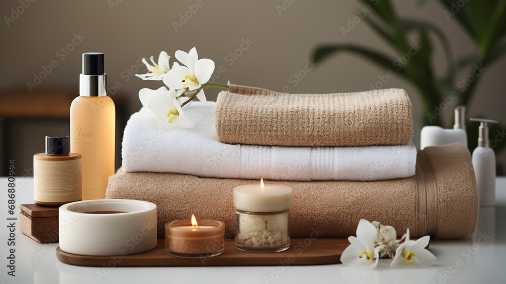 spa procedures center beauty treatment items massage stone towels candles soap salt comfort essential oils flowers rest banner copy space background poster.