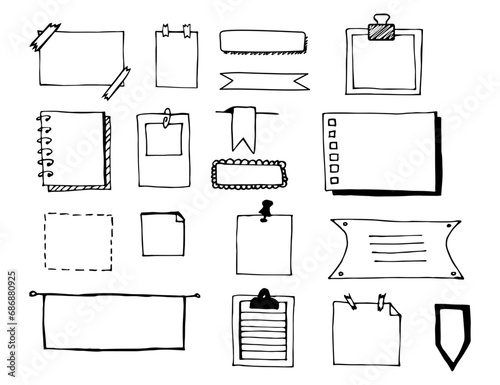 Hand drawn memo paper sheets, sticky note, reminder, to do list, 
sticky tape and pins. Bullet journal elements in doodle style. 
Vector illustration in white background.