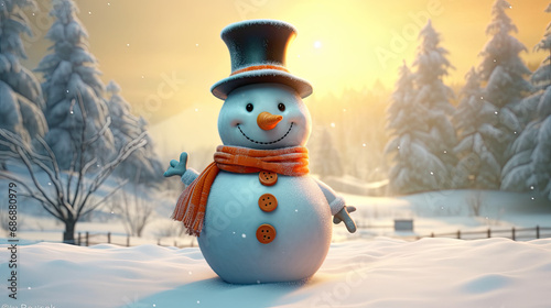 A cute snowman wearing a top hat and a carrot nose in a winter wonderland.