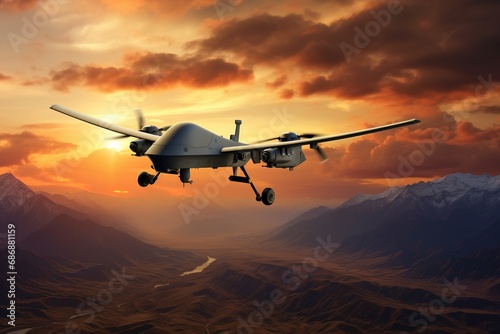 Unmanned military drone on patrol air territory at high altitude at sunset. UAV drone