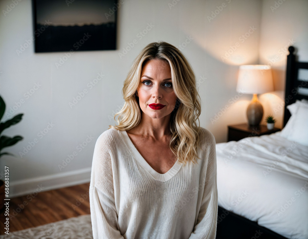 photo of beautiful middle aged woman with blonde hair in bedroom, generative AI photo of beautiful middle aged woman with blonde hair in bedroom, generative AI