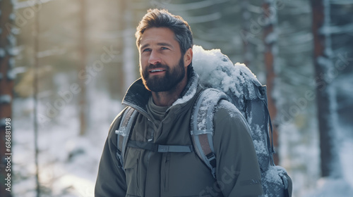 A man with a backpack walks in the winter forest. Snow-covered forest, beautiful Christmas trees. Beautiful winter landscape, cold nature. Stunning scenic view. Outdoor adventure. Generated AI