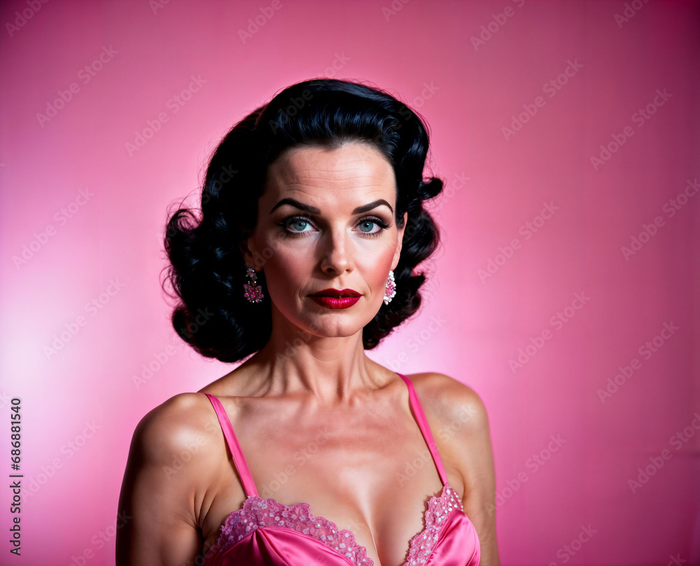 photo of beautiful middle aged woman with pin-up costume style on pink backdrop, generative AI