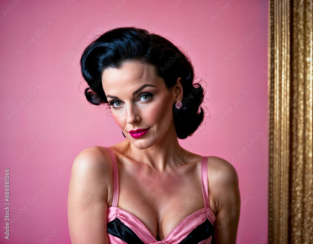 photo of beautiful middle aged woman with pin-up costume style on pink backdrop, generative AI