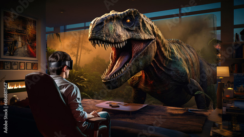 Man watching 3D movie of a dinosaur at home with VR goggles © Gary