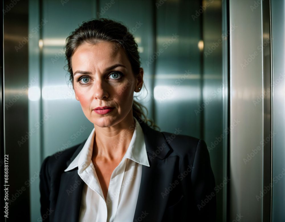 photo of middle aged woman as a office working woman standing near elevator, generative AI photo of middle aged woman as a office working woman standing near elevator, generative AI