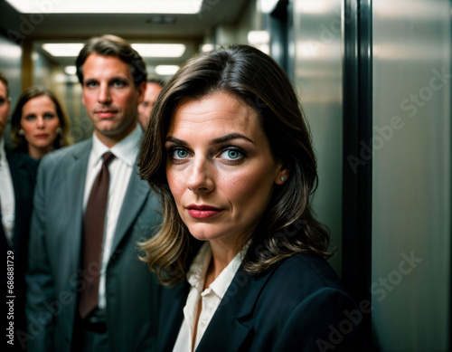 photo of middle aged woman as a office working woman standing near elevator, generative AI