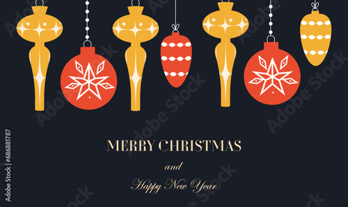 Festive card and congratulations. Happy New Year and Christmas. Chinese holiday. Gifts in hand drawn style. Background. Vector illustration. Flat style. Doodle. Christmas decorations. Christmas tree