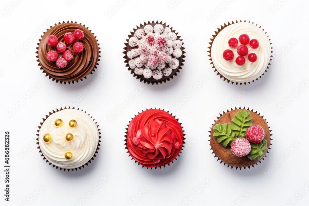 Tasty cupcakes with Christmas decor on white background, cupcake set flat lay isolated AI generated Tasty cupcakes with Christmas decor on white background, cupcake set flat lay isolated AI generated