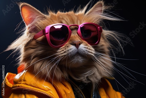 cats portrait with sunglasses, Funny animals in a group together looking at the camera, wearing clothes, having fun together, taking a selfie, An unusual moment full of fun and fashion consciousness.