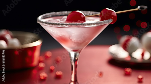 A festive holiday cocktail with a sugared rim and a maraschino cherry garnish. light backgroud