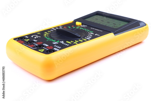 Digital multi-meter with probes isolated on a white background. Multitester. Voltage Tester. Voltmeter. Measuring tool. DMM.