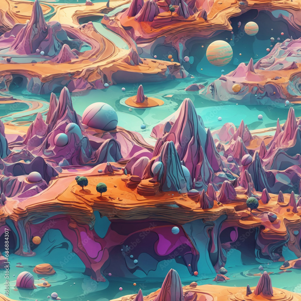 Fantasy Dream Landscape Seamless Pattern Colorful Digital Art Background Design