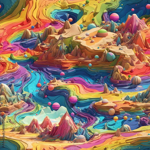 Colorful Fantasy Dream Landscape Seamless Pattern Colorful Digital Art Background Design