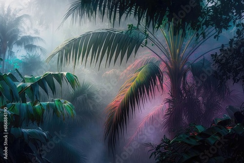 Mystical early morning in the tropics palm trees in the fog after rain, glow color background illustration Generative AI