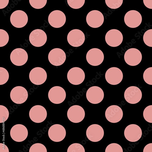 Seamless polka dot pattern. Pink and black circles on black background.