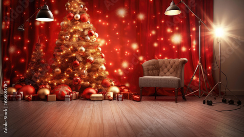 Create a holiday masterpiece with a photo of a Christmas tree, its ornaments, and a stunning red bokeh light backdrop. light backgroud