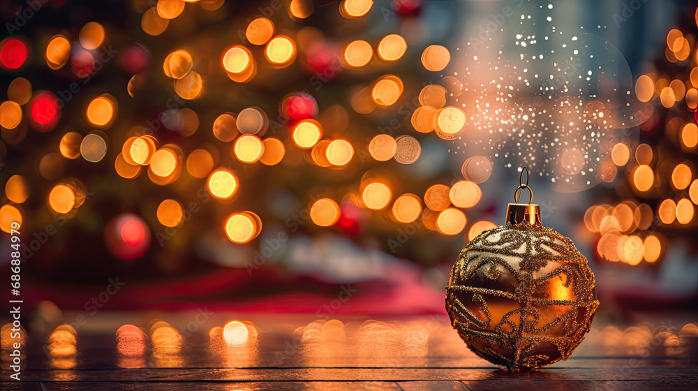 Capture the holiday magic with a photograph of a Christmas tree adorned with ornaments and set against a backdrop of red bokeh lights. light backgroud