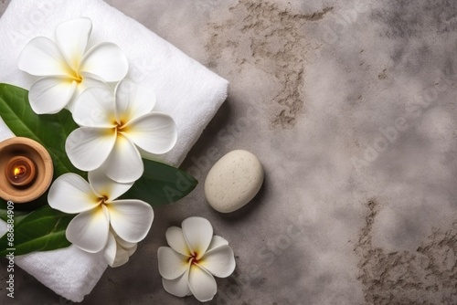 Elegant spa setup with rolled white towels and fresh frangipani flowers on a textured gray marble background. Symbolizing relaxation, wellness, and luxury pampering. Perfect for spa and self-care
